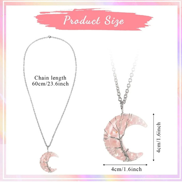 Pink rose quartz crescent moon tree life necklace - Picture 2 of 2